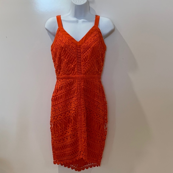 Adelyn Rae Red Orange Lace Fish Tail Dress - Picture 3 of 8